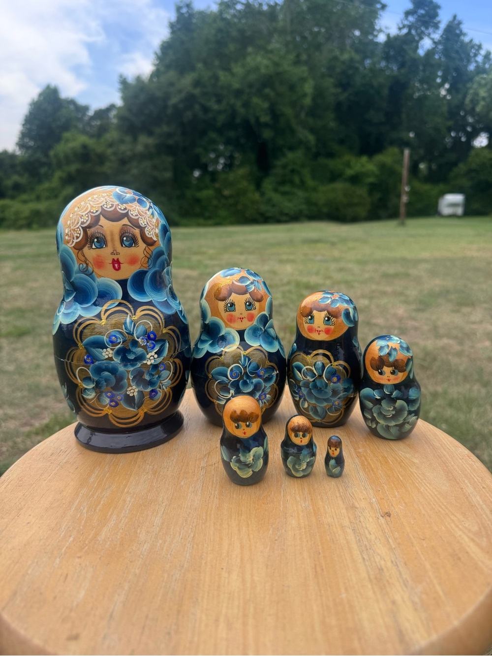 Set of 7- Hand Painted Blue Floral Russian Nesting Dolls - Matryoshka 7” tall